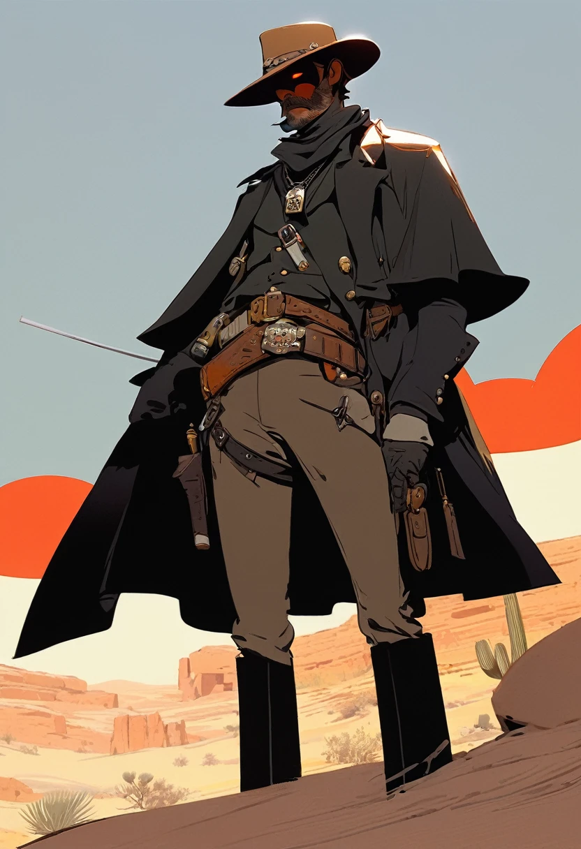 score_9, score_8_up, score_7_up, score_6_up, score_5_up, score_4_up, 1man, Western, Desert, red sun, scorching sun, arid, Horizon, far away, Wild West, red dead Redemption, cartoon art style, Holstered pistol, ready to draw, black hat, black overcoat, dark, Bandit, old west town, City, Skull belt,