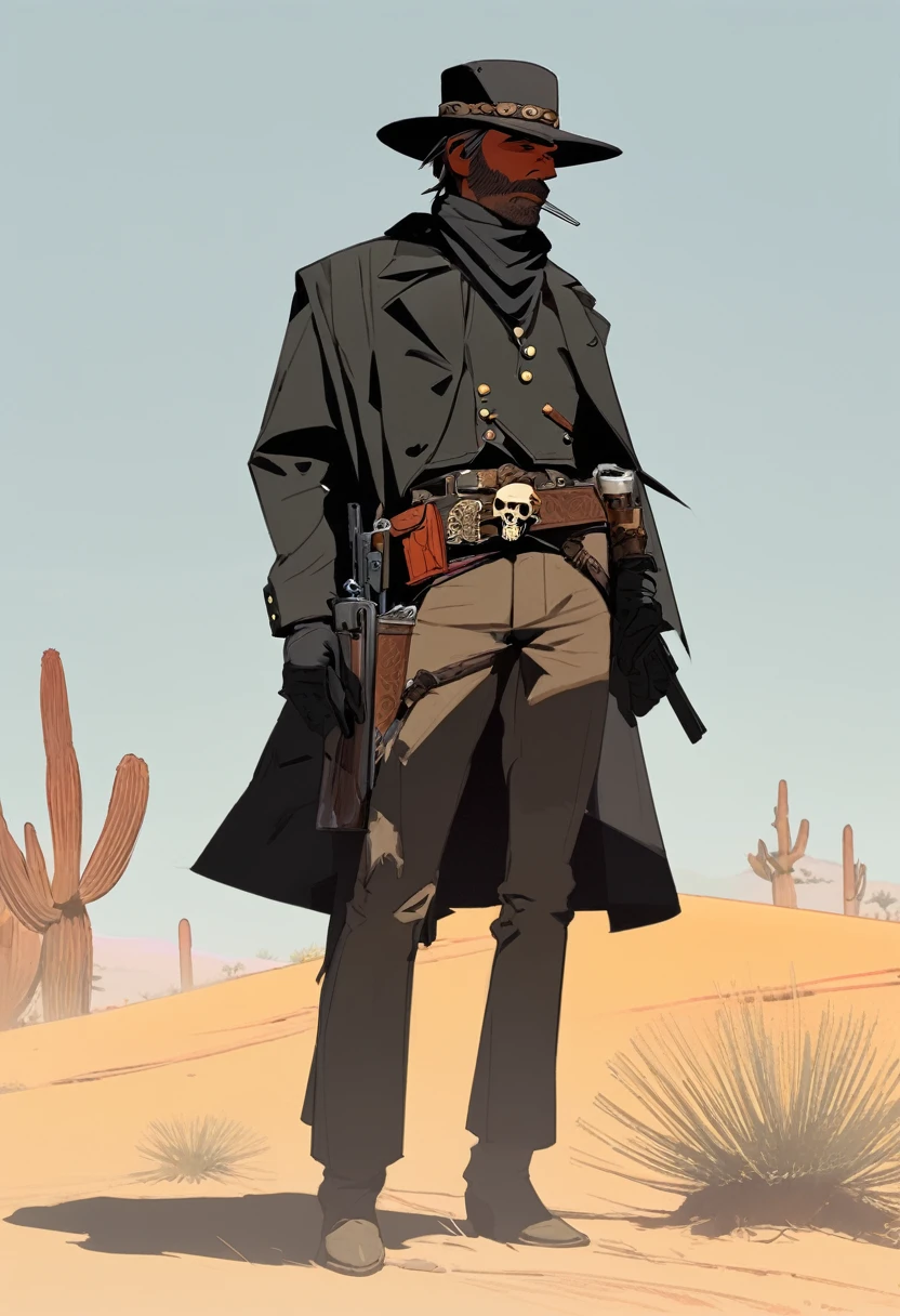 score_9, score_8_up, score_7_up, score_6_up, score_5_up, score_4_up, 1man, Western, Desert, red sun, scorching sun, arid, Horizon, far away, Wild West, red dead Redemption, cartoon art style, Holstered pistol, ready to draw, black hat, black overcoat, dark, Bandit, old west town, City, Skull belt,