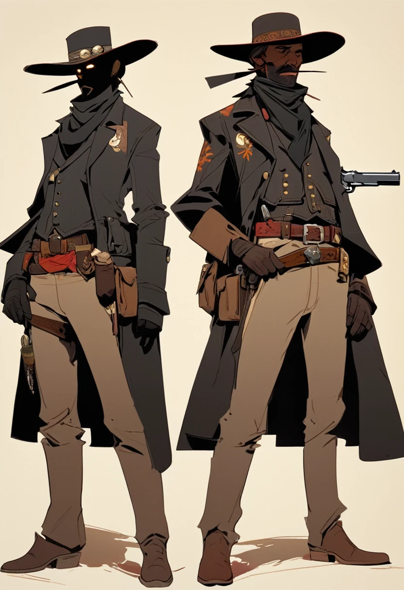 score_9, score_8_up, score_7_up, score_6_up, score_5_up, score_4_up, 1man, Western, Desert, red sun, scorching sun, arid, Horizon, far away, Wild West, red dead Redemption, cartoon art style, Holstered pistol, ready to draw, black hat, black overcoat, dark, Bandit, old west town, City, Skull belt,