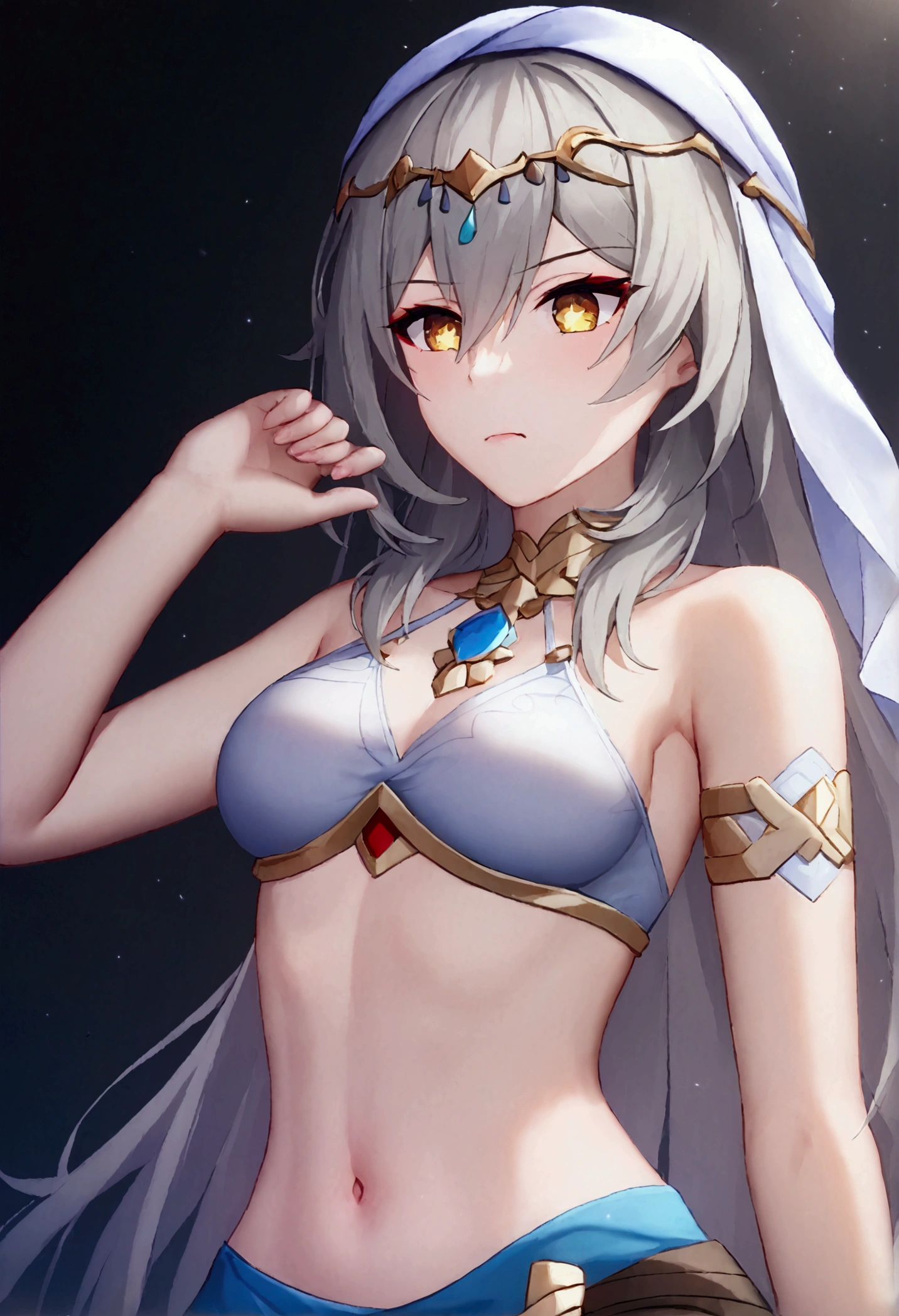 1girl, solo, stelle (honkai: star rail), upper body, looking down, eyeliner, solid ees, sharp eyes, herat-shaped pupils, emotionless, disgusted face, disgusted eyes, very long hair, belly dancer outfit, turban, brancer, brooch, neck ring, circlet, bridal gautles, (crop top), veil, mouth veil, pelvic curtain, stomach, sash, thighlet, dancer, black background, perfect face, perfect hands, perfect fingers, non human fingers, perfect design, perfect detailed eyes, beautiful detailed eyes, top quality, best quality, masterpiece, detailed outfit, super detailed, ultra detailed, highly detailed, cinematic lighting, perfect anatomy, CG:1.9, ultra detailed:1.9, ultra-detailed:1.9, high resolution:1.9, high res:1.9, absurdres:1.9, masterpiece:2, high quality:2, best quality:2, (ultra-detailed), (illustration), (disheveled hair), (beautiful detailed eyes), beautiful, amazing, detailed eyes, (masterpiece), best quality, ((ultra-detailed)), ((an extremely detailed and delicate)), (8k cg wallpaper), (stunning art), ((illustration))