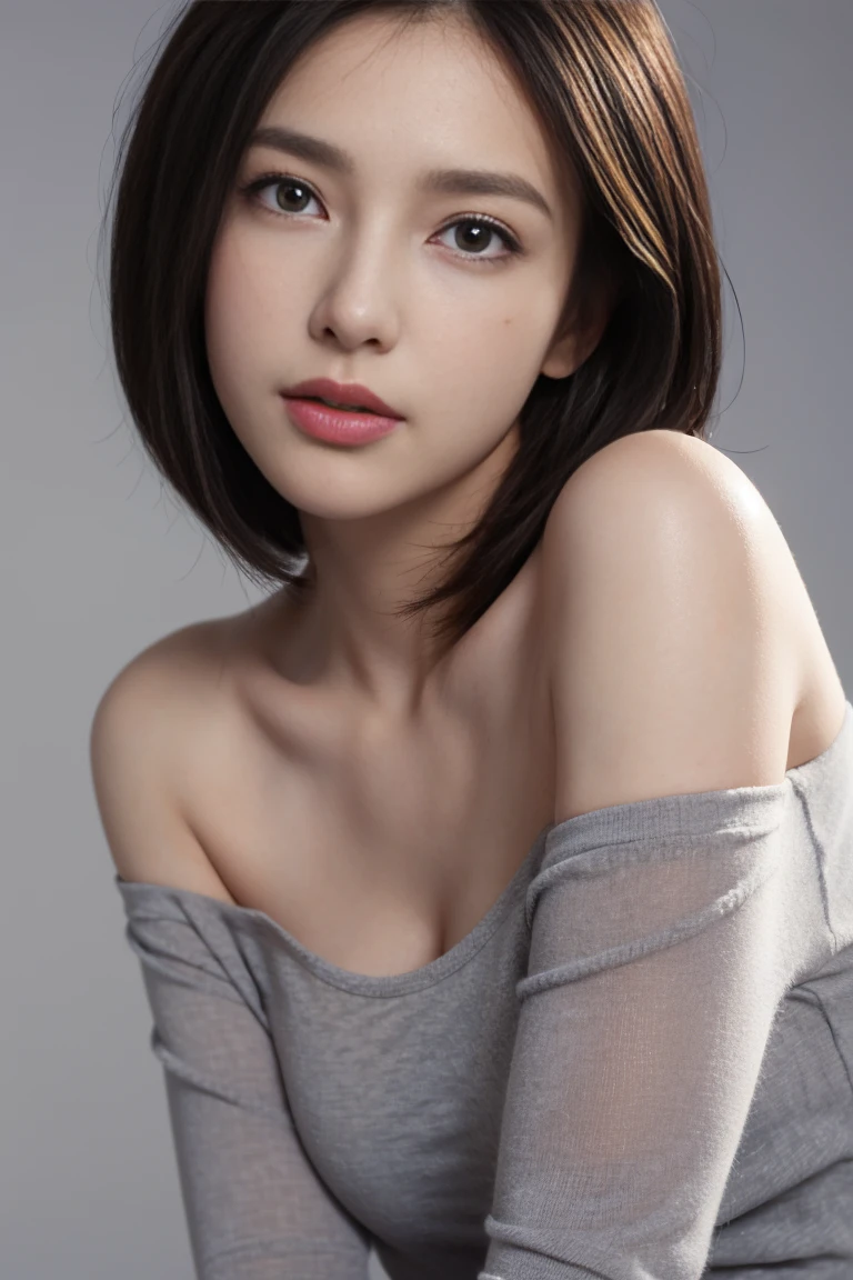 black tight shirt:1.2, look at viewer, movie light, perfect, soft light, high definition skin:1.2, Realistic skin texture, 30 year old woman、small face、No makeup、 off shoulder, The rift revealed, B cup breasts、small breasts、blue eyes, short hair, dark brown hair、naked、gray background