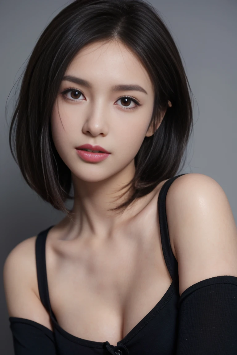 black tight shirt:1.2, look at viewer, movie light, perfect, soft light, high definition skin:1.2, Realistic skin texture, 30 year old woman、small face、No makeup、 off shoulder, The rift revealed, B cup breasts、small breasts、blue eyes, short hair, dark brown hair、naked、gray background