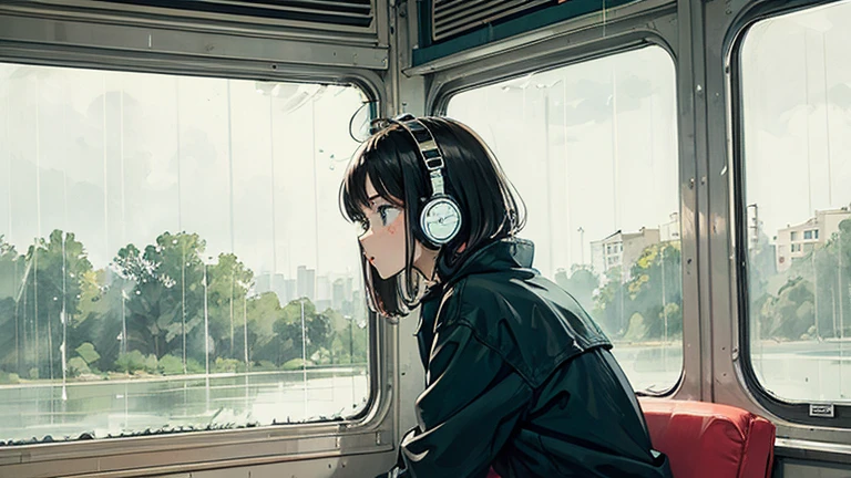 Bob Girl, Wearing headphones, In the bus, Staring out the window, It rains