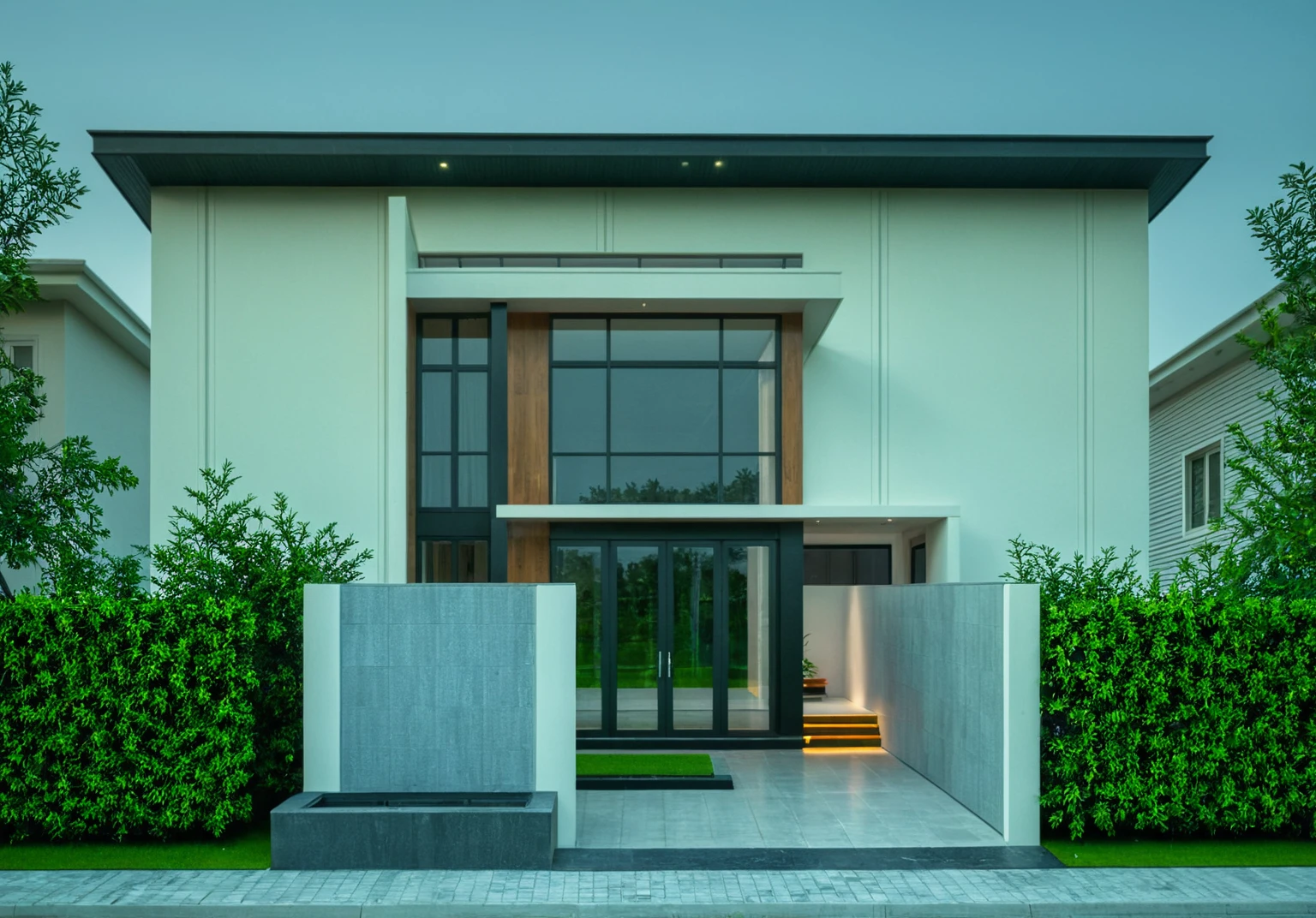 modern villa on street, (daylight), tropical tree, green shrub and plants, vivid color, streetcapes, minimalist design, brigth grey tone, (large glass door:1.2), warm interior lighting, modern material, best quality, ultra realistic, masterpiece,