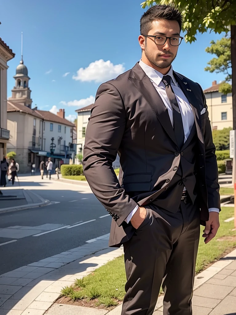 crew cut, (((full body))), (((landscape))), mature man, [slightly fat], asian man, rounded face, brown eyes, ((rounded face)), glasses, balding, 1boy, Solo, (big shoulders), (((stubbles, Short beard))), Anime man in suit and tie standing on the street, anime handsome guy, Handsome Anime Pose, handsome guy in demon slayer art, artwork in the style of guweiz, Anime portrait of a handsome man, young anime man, Anime art wallpaper 8k, best anime 4k konachan wallpaper, inspired by Bian Shoumin, 4 k manga wallpaper