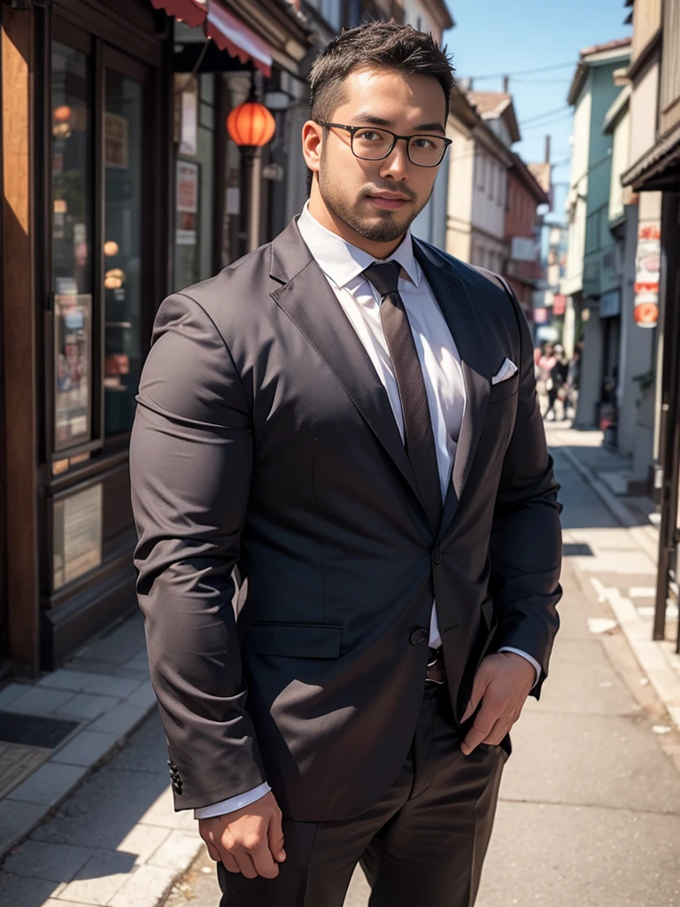 crew cut, (((full body))), (((landscape))), mature man, [slightly fat], asian man, rounded face, brown eyes, ((rounded face)), glasses, balding, 1boy, Solo, (big shoulders), (((stubbles, Short beard))), Anime man in suit and tie standing on the street, anime handsome guy, Handsome Anime Pose, handsome guy in demon slayer art, artwork in the style of guweiz, Anime portrait of a handsome man, young anime man, Anime art wallpaper 8k, best anime 4k konachan wallpaper, inspired by Bian Shoumin, 4 k manga wallpaper