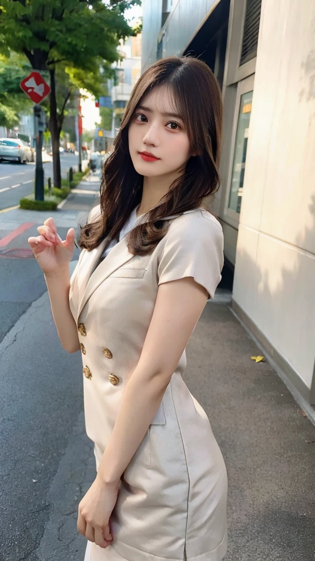 ((Highest quality,4K,High resolution,masterpiece:1.2)), 1 female, Big Breasts, Improve her overall look. (Brown hair short bob), ((Exquisite detail)), (Cat Paw Pose), (Standing still with confidence), (Full-body showcase), (Show your whole body), (Police Uniform), Scenery of the city.