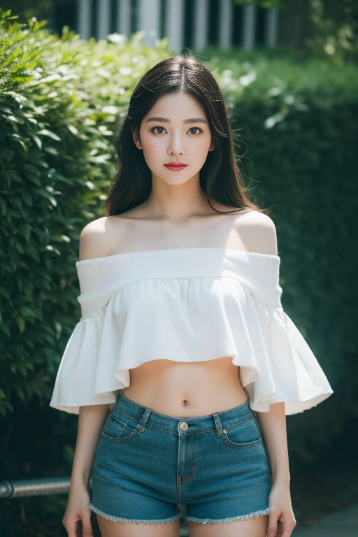 Masterpiece, best quality, 1 girl, tear, black hair, gag, colorful background, look at viewer, outdoor, alone, upper body, charming, clean, Beautiful face, pure face, Pale skin, sexy pose,((top of pipe, off shoulder, navel, shorts)), long hair, ((The perfect female figure)), mature woman, milf, small waist, Chinese Gods, charming, Highly detailed,best quality, Masterpiece, height, manuscript, Very detailed 8K wallpaper.,Masterpiece, best quality, illustration, Beautifully detailed eyes, movie light,