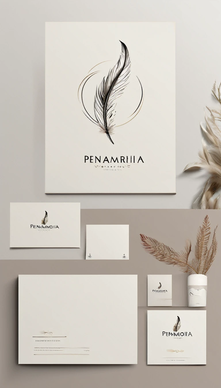 A minimal, modern, simple, cinematic logo design for the brand “Penamemoria". Create a modern, minimalistic, high-quality, logo design of a Feather of Memories