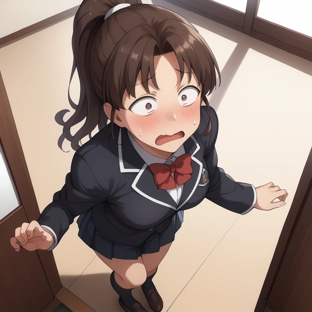 blush,sweat,surprised,from above,half-closed eyes,looking at viewer,wavy mouth,open mouth,embarrassed,
solo,
YuukoKawashima,brown eyes,sanpaku,1girl,black brown hair,ponytail,
school_uniform,black blazer,red bowtie,
pleated_skirt,black skirt,
black socks,
full body,standing,
