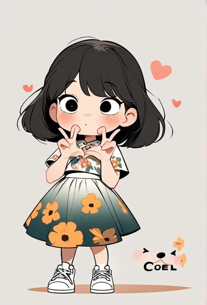 (art, best quality: 1.2), cartoon character design, a young girl with straight black hair, alone, big eyes, cute expression, Korean, making a Korean heart gesture with her fingers, wearing a floral shirt, circular midi skirt, white sneakers, standing, interesting, clean lines,heart korean