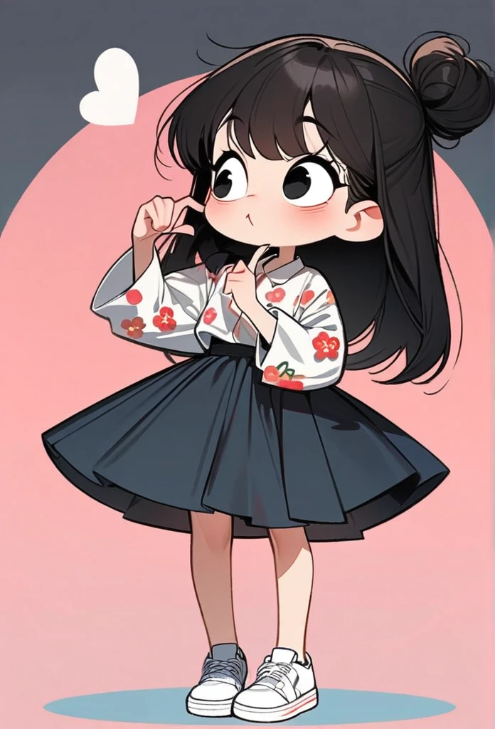 (art, best quality: 1.2), cartoon character design, a young girl with straight black hair, alone, big eyes, cute expression, Korean, making a Korean heart gesture with her fingers, wearing a floral shirt, circular midi skirt, white sneakers, standing, interesting, clean lines,heart korean