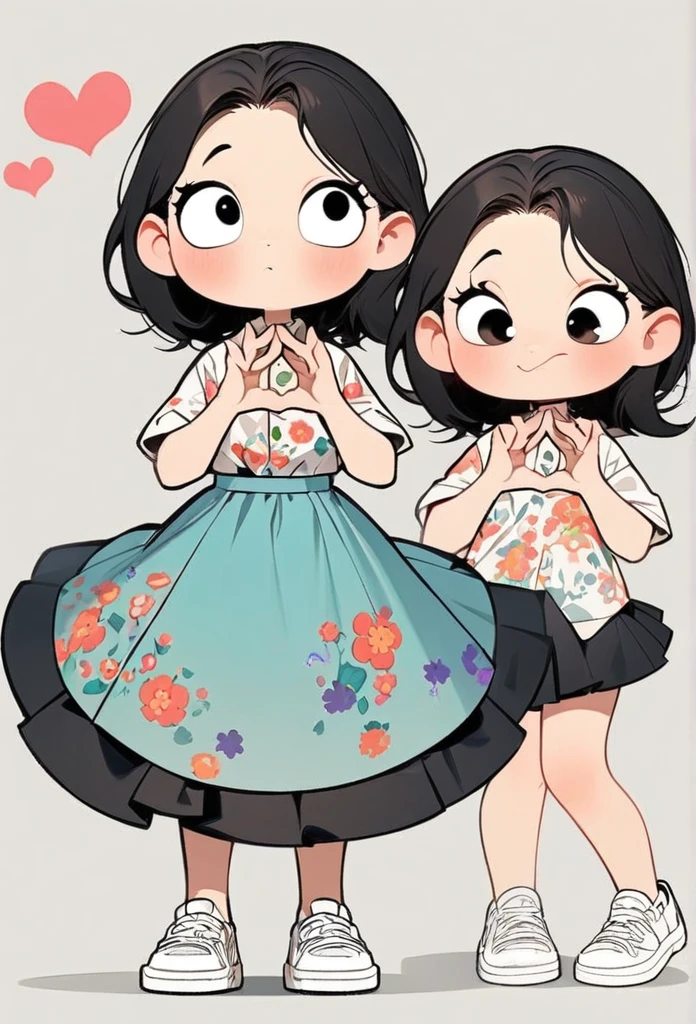 (art, best quality: 1.2), cartoon character design, a young girl with straight black hair, alone, big eyes, cute expression, Korean, making a Korean heart gesture with her fingers, wearing a floral shirt, circular midi skirt, white sneakers, standing, interesting, clean lines,heart korean