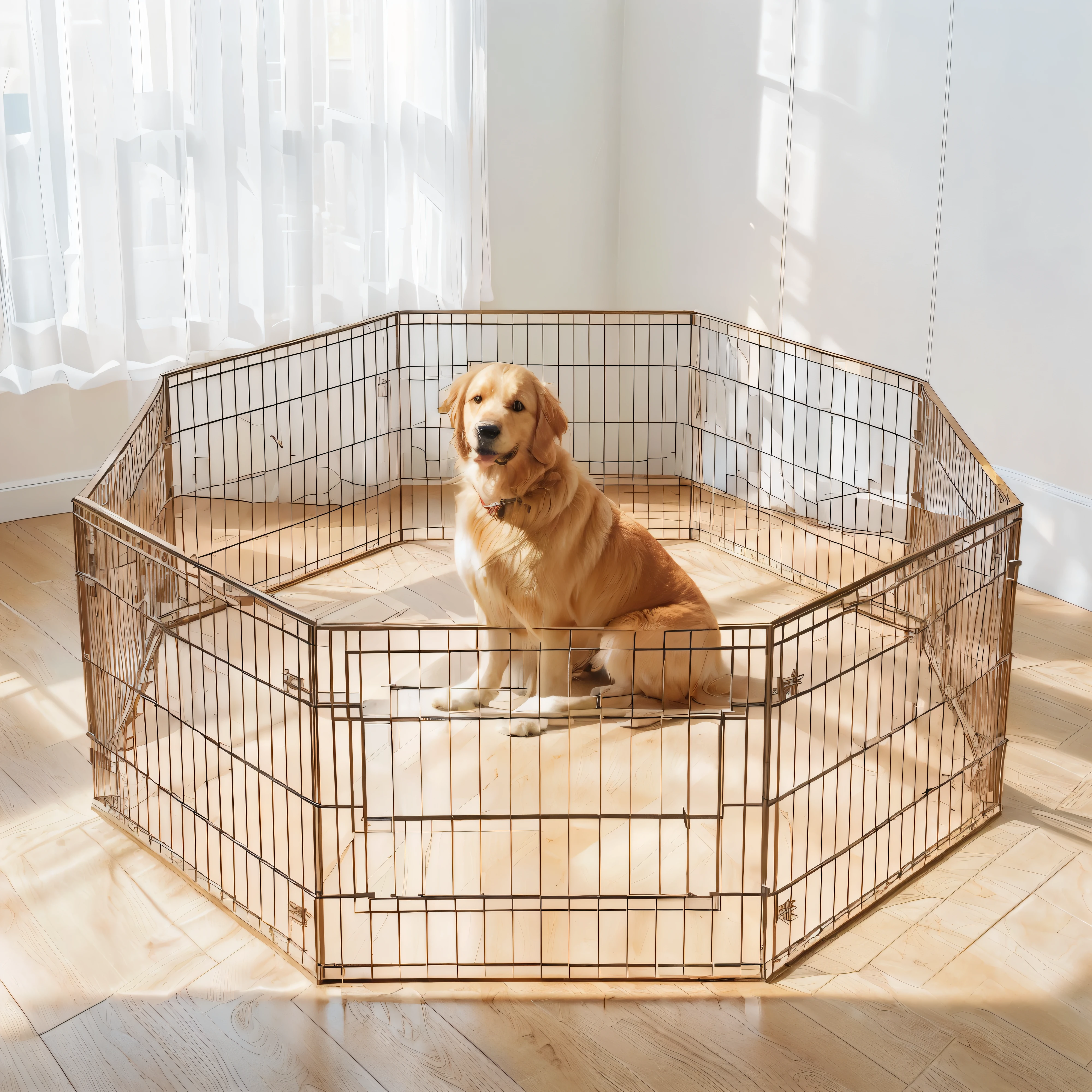 There is a golden retriever sitting in an octagonal cage on the floor, There is a beige diaper on the floor,There are plants,Ease of use, 8 detailed, , Wide and high angle views, Very high quality, detailed features, the best, , Luxury, Extremely realistic, Highly realistic, feature, Delicate and meticulous, High quality details, Incredible quality, unbelievably realistic, with wide-angle lenses, Light brown, animal, Canines,Original wood color decoration environment,Natural light and shadow,Warm indoor environment,There are green plants placed on the ground on the side