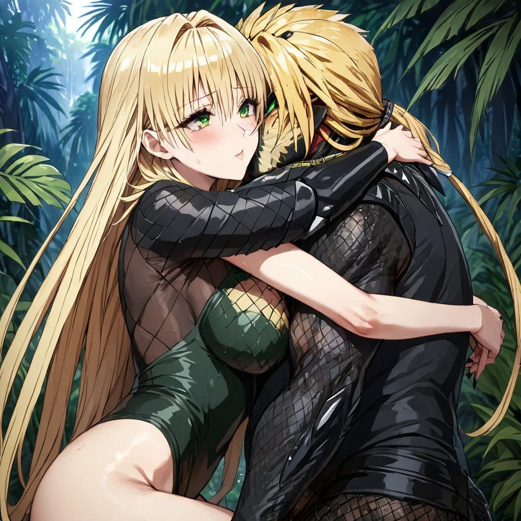 ((Highest quality)), ((masterpiece)), (detailed), （Perfect Face）、The woman is Tiare, a female predator with green eyes and medium-long blonde hair, wearing a black predator bodysuit.、In the jungle, she is having sex with a predator while hugging and kissing him.