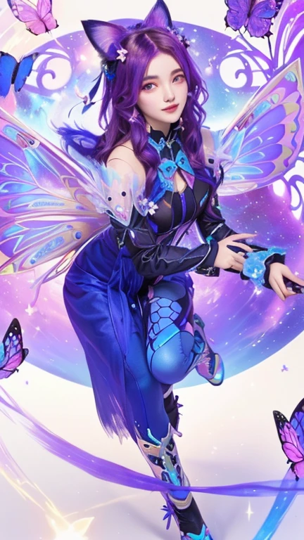  girl with butterfly wings and a cat tail, shepard fairy style art, highly detailed exquisite fanart, high detailed official artwork, the non-binary deity of spring, astral fairy, detailed fanart, official fanart, insect trainer girl, official art, seraphine ahri kda, clothes themed on a peacock mage, background artwork, space flower fairy