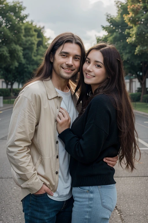 masterpiece, anime, best quality, 2others, couple, mature, adult, height difference, different fashion, different color, casual clothes, long sleeves, smile, happy, love, swirling wind, blue sky, long haired man, light brown hair man, black hair woman, black hair woman  