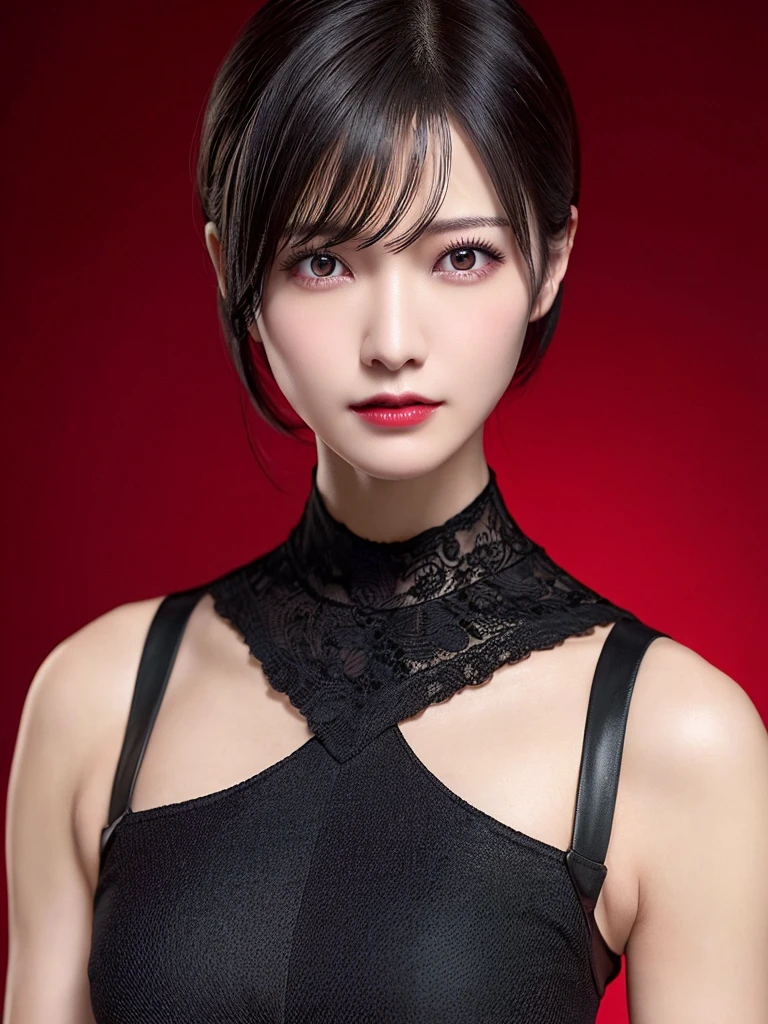 Ada wong,Form Resident evil 4 Remake,a beautiful woman with short black hair, wearing a red dress, with a medium bust size, against a black background, ultra realistic, ultra detailed, high quality, best quality, masterpiece, HD, 4K, 70mm lens