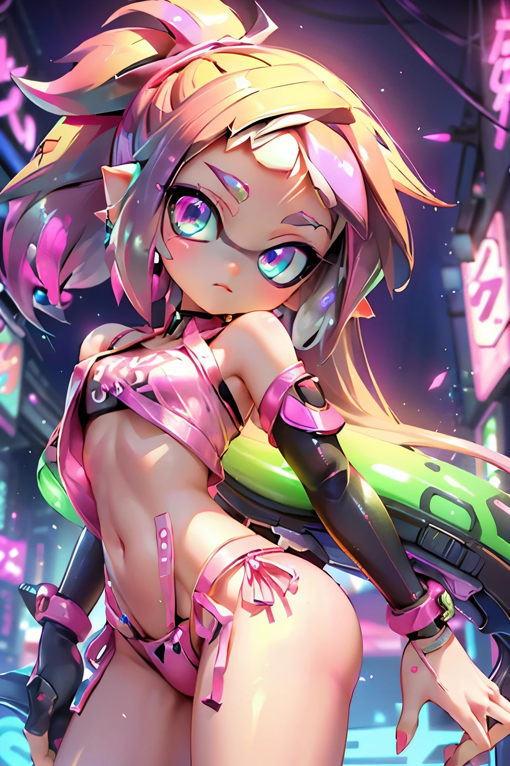 Rear View, Rear view,((masterpiece)), Best Quality, Absurd, Super detailed, Real Anime、3d、Holographic, Cowboy Shot, Golden Ratio, Very cute Splatoon girl,(Beautiful Eyes,Detailed pupil:1.4), Mature Girls, idle girl, Super beautiful Asian girl with very beautiful golden bright eyes, Beautiful multicolored shiny brown tentacle hair, High Ponytail, nice and sexy body, Slim body, Perfect body, Super tight off-the-shoulder long sleeve crop top, Super aesthetic transparent mini jacket, Beautiful hair ornaments, pink jordan tennis, Taking photos inside a shopping mall,( Take off your clothes, Showing off her neon pink panties, showing thong: 1.5),( More about beautiful hands),(Tokyo city cyberpunk AI background:1.4)