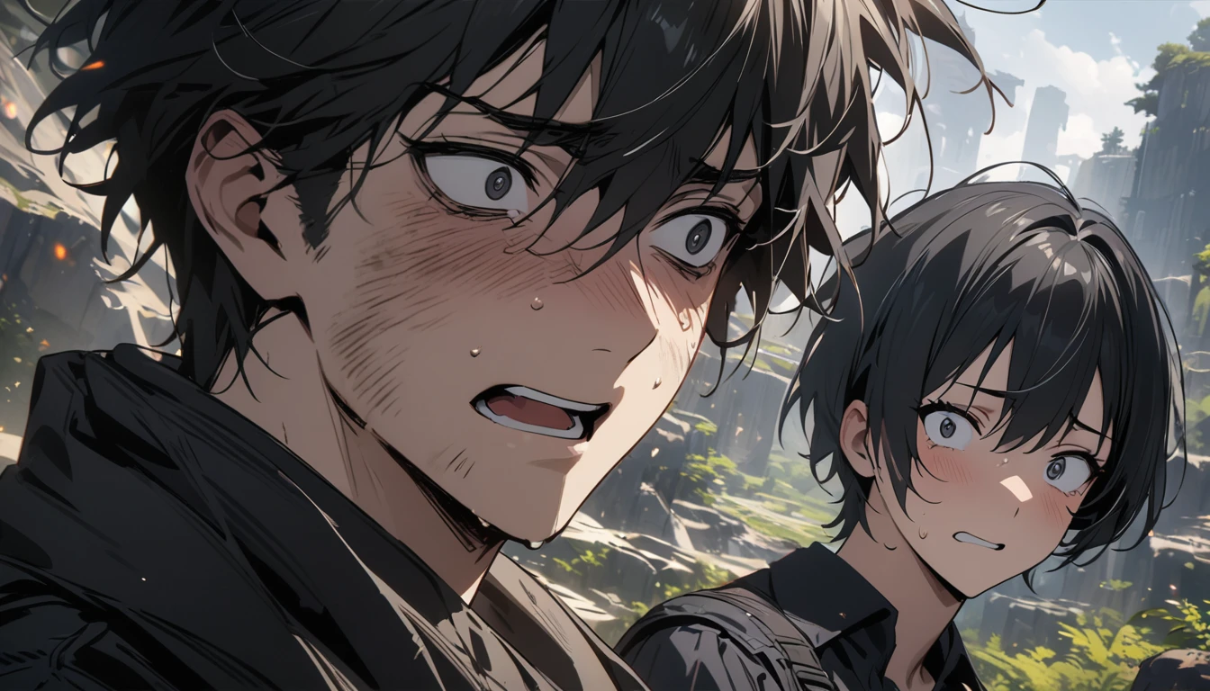 high resolution, An incomparable masterpiece, Detailed background, a handsome man with short black hair, black eyes, 4k, Masterpiece, bright Eyes, short hair, with a relieved face but still scared and dirty