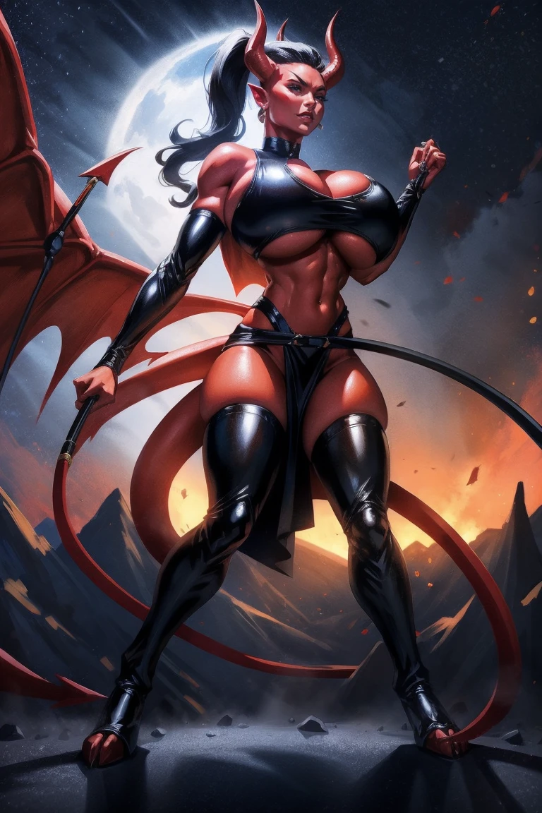 Red skin succubus tiefling, digitigrade legs, full breasts, huge breasts, black horns, wings, huge tail, black leather, crop top, long flowing pelvic curtain, tall, athletic, graceful, thin, long black ponytail. Action scene, whip. Dark scene, explosions, night sky.