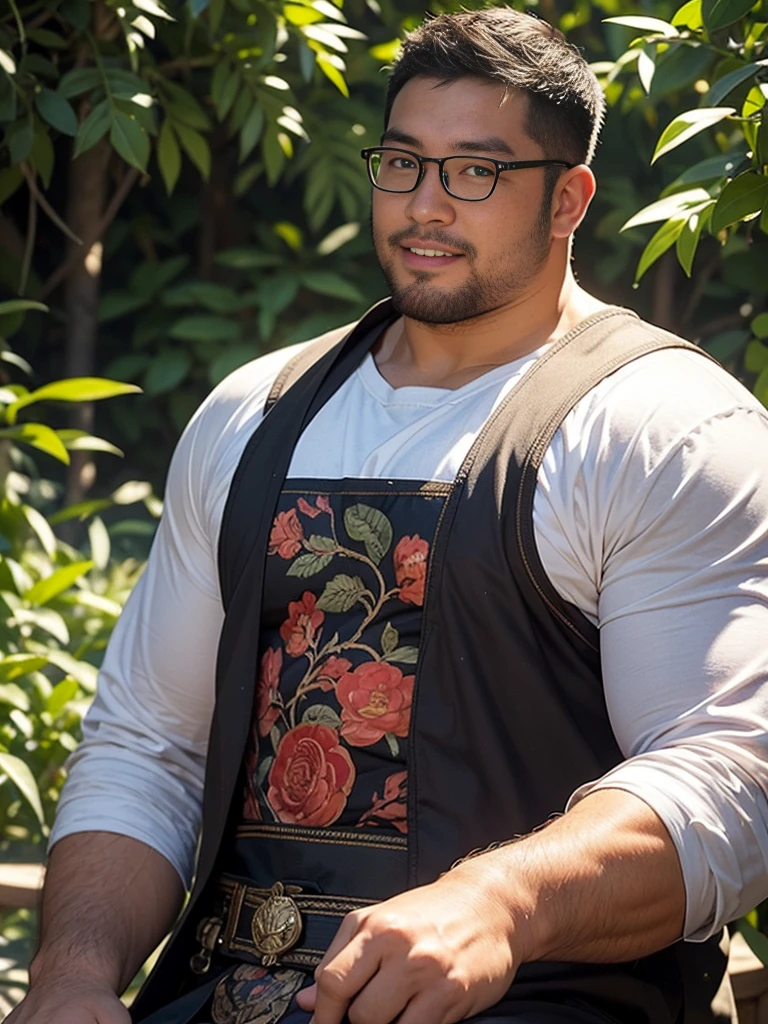 crew cut, (((full body))), (((landscape))), mature man, [slightly fat], asian man, rounded face, brown eyes, ((rounded face)), glasses, balding, 1boy, Solo, (big shoulders), (((stubbles, Short beard))),Three Kingdoms killing style:1.0，ancient Chinese background，attentive face, High image quality，masterpiece，best quality，ultra high resolution, General, black heavy armor