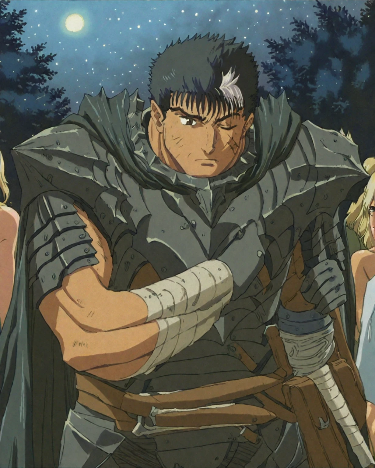 score_9, score_8_up, score_7_up, masterpiece, best quality, highly detailed, Guts_Armor, brown eye, short hair, multicolored hair, spiked hair, black armor, shoulder armor, gauntlets, greaves, bandaged arm, black cape, torn cape, scar on nose, nose scar, one eye closed, muscular male, (night:1.2), a lot of stars, (bright stars:1.2), forest, ultra detailed, focus on face, detailed face, full length, cowboy shot, oldschool, retro artsyle, retanime