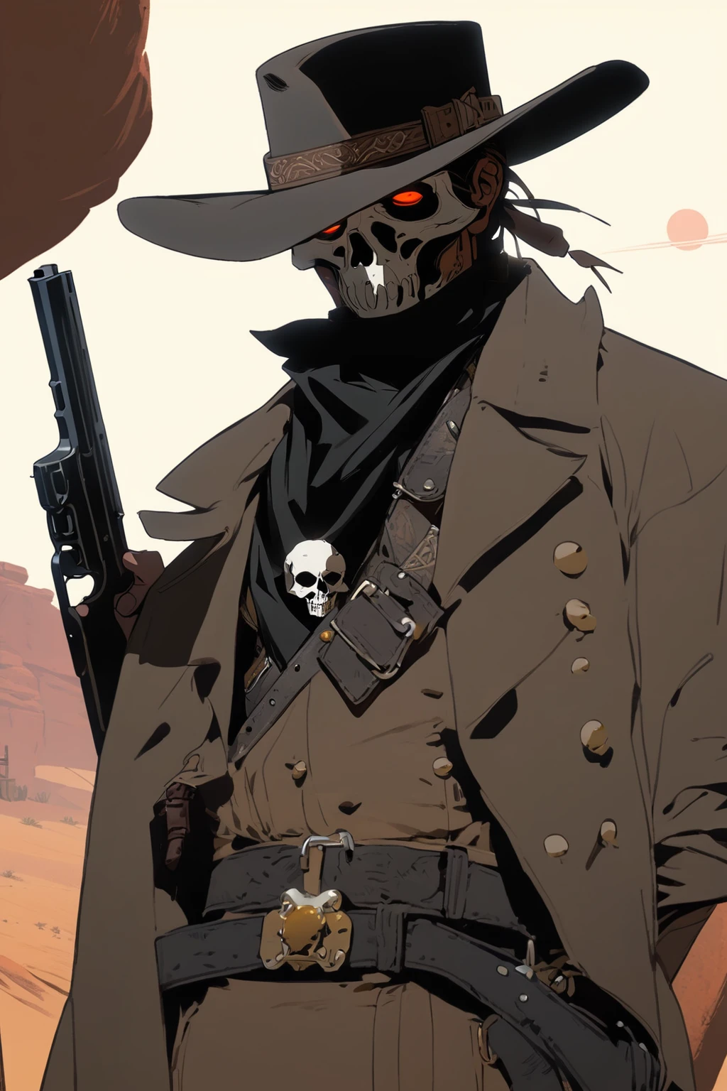 score_9, score_8_up, score_7_up, score_6_up, score_5_up, score_4_up, 1man, Western, Desert, red sun, scorching sun, arid, Horizon, far away, Wild West, red dead Redemption, cartoon art style, Holstered pistol, ready to draw, black hat, black overcoat, dark, Bandit, old west town, City, Skull belt, cloth mask with skull design