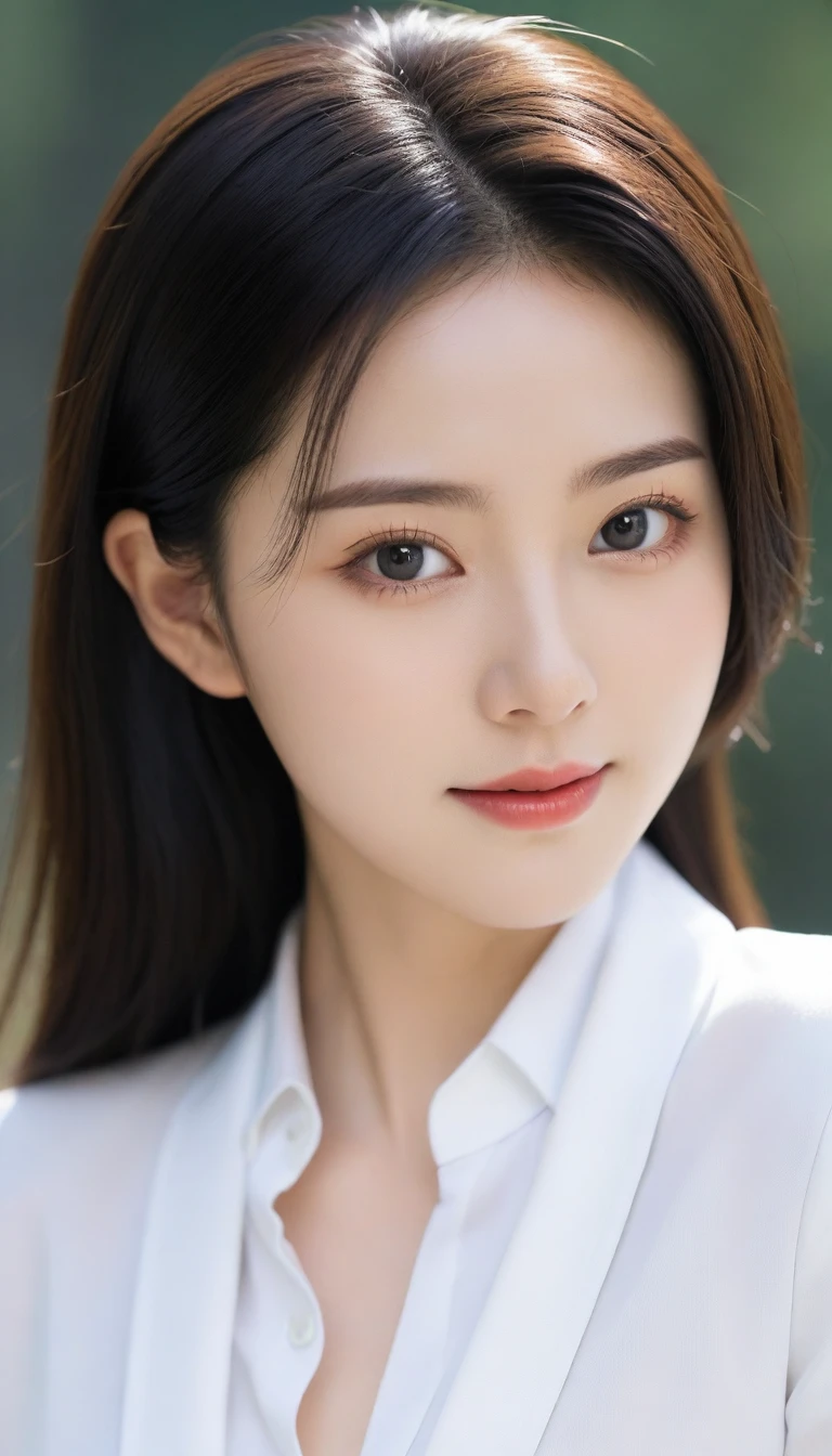 8K, Ultra-high resolution, Highest quality, masterpiece, 三分割法によるphotograph,Surreal, photograph, 1 Girl, (16 years old:1.3), pretty girl, Cute face, Beautiful eyes in every detail, 細かくdetailedに,masterpiece,One Girl:1.2, Japan Female Announcer,Tabletop,Glare,Black Hair,Slicked back hair,Blazer Uniform,White collared blouse,The chest buttons are open,Sharp focus、Perfect dynamic composition、Beautiful and detailed、Thin Hair、Realistic skin texture with attention to detail、smile、Close-up portrait、Model Body Type,Looking at the audience、beauty,Long neck、(((Ideal body type))),A-cup small breasts :2,、Portraiture:2、Perfect Anatomy、なdetailed、detailed、Surreal、Light and shadow,Strong light