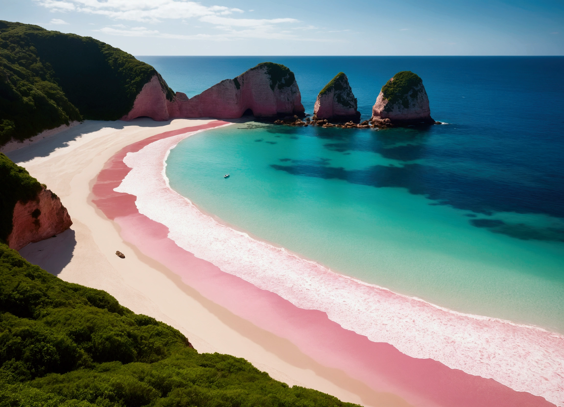 A beautiful beach landscape with a pink sand shore and a calm, green sea. The scene is devoid of people, capturing the serene and tranquil essence of the beach. The style is dreamy and aesthetic, with a focus on a high-quality, ultra-clear 8K resolution to bring out the vivid details and colors. The composition follows the golden ratio, with the beach occupying one-third of the image and the sea occupying two-thirds of the image, creating a harmonious and balanced visual
