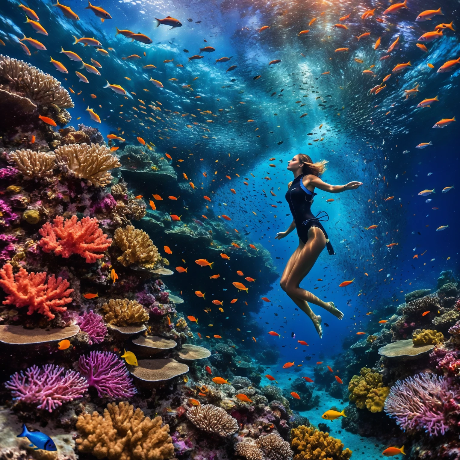 The image depicts a fairytale underwater scene where dazzling coral reefs mingle with a myriad of shimmering fish. A graceful woman diver swims explores the depths of a colorful coral reef, surrounded by small bioluminescent creatures that dance around her, leaving behind luminous trails, surrounded by a symphony of colors and aquatic life.( Above the surface, a huge, enigmatic eye emerges from swirling cosmic waves, creating a striking contrast. where the night sky merges with the ocean, dotted with glittering galaxies.) The whole scene is bathed in an atmosphere of dreams and magic, where every element evokes a fantastic and wonderful universe, full of mystery and wonder.