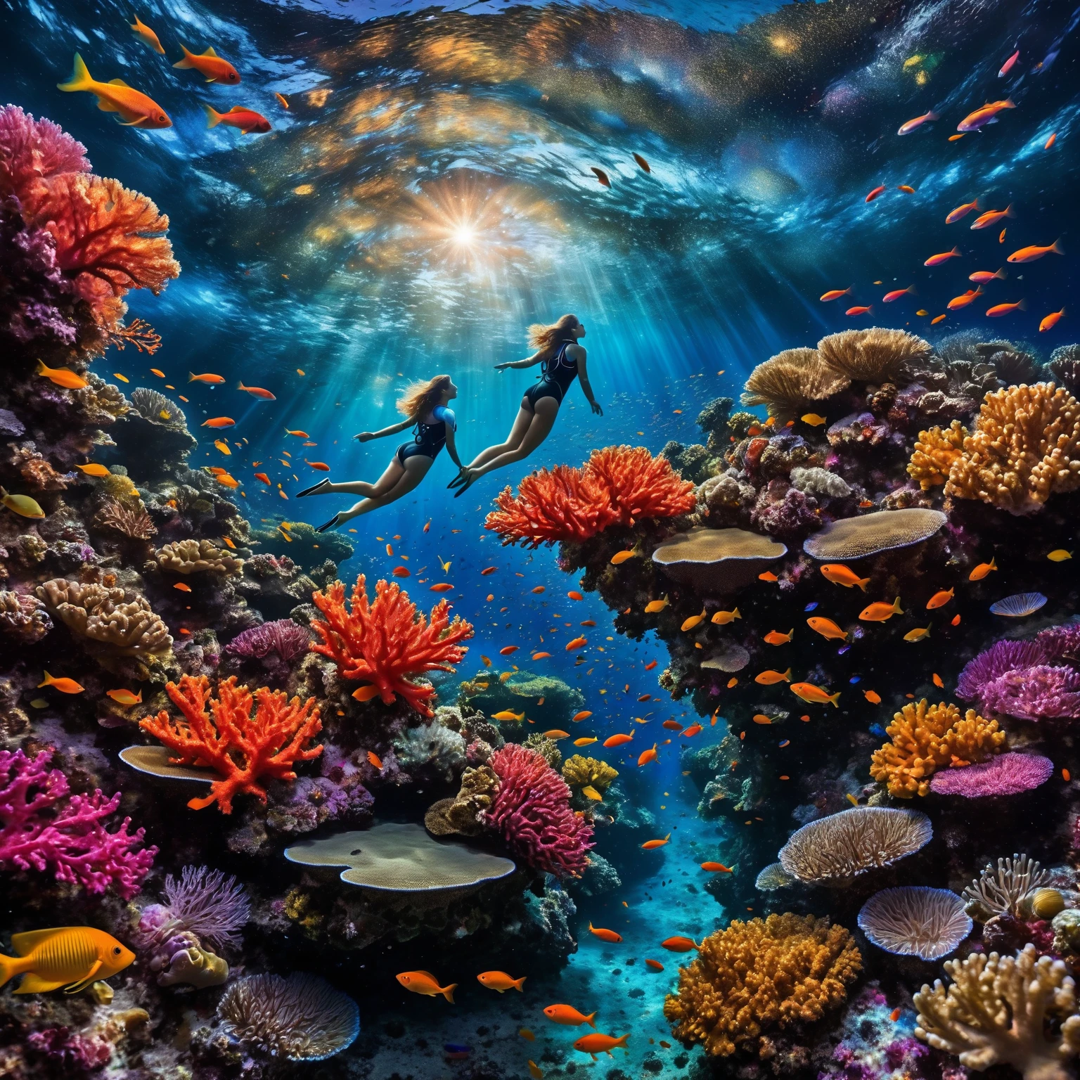The image depicts a fairytale underwater scene where dazzling coral reefs mingle with a myriad of shimmering fish. A graceful woman diver swims explores the depths of a colorful coral reef, surrounded by small bioluminescent creatures that dance around her, leaving behind luminous trails, surrounded by a symphony of colors and aquatic life.( Above the surface, a huge, enigmatic eye emerges from swirling cosmic waves, creating a striking contrast. where the night sky merges with the ocean, dotted with glittering galaxies.) The whole scene is bathed in an atmosphere of dreams and magic, where every element evokes a fantastic and wonderful universe, full of mystery and wonder.