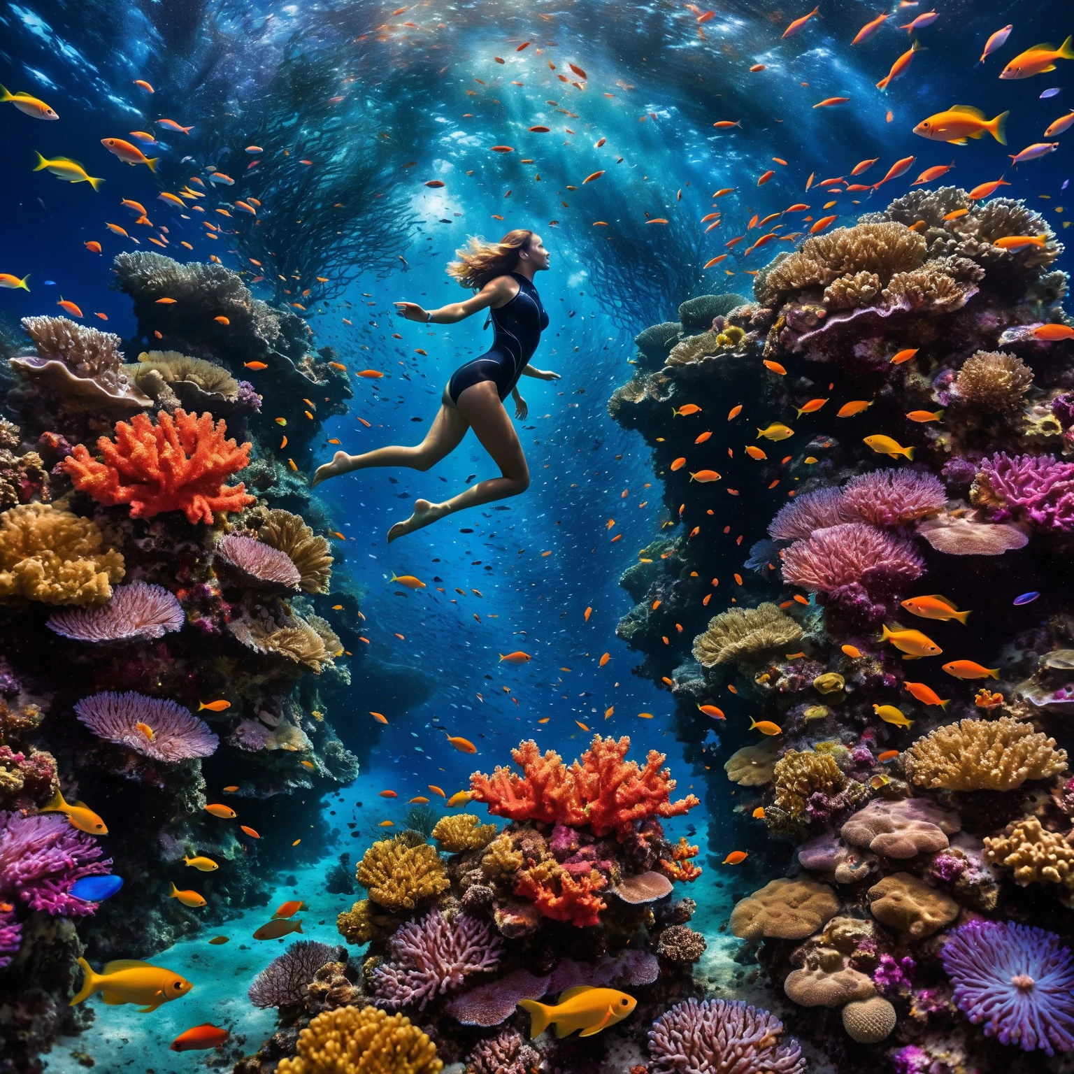 The image depicts a fairytale underwater scene where dazzling coral reefs mingle with a myriad of shimmering fish. A graceful woman diver swims explores the depths of a colorful coral reef, surrounded by small bioluminescent creatures that dance around her, leaving behind luminous trails, surrounded by a symphony of colors and aquatic life.( Above the surface, a huge, enigmatic eye emerges from swirling cosmic waves, creating a striking contrast. where the night sky merges with the ocean, dotted with glittering galaxies.) The whole scene is bathed in an atmosphere of dreams and magic, where every element evokes a fantastic and wonderful universe, full of mystery and wonder.