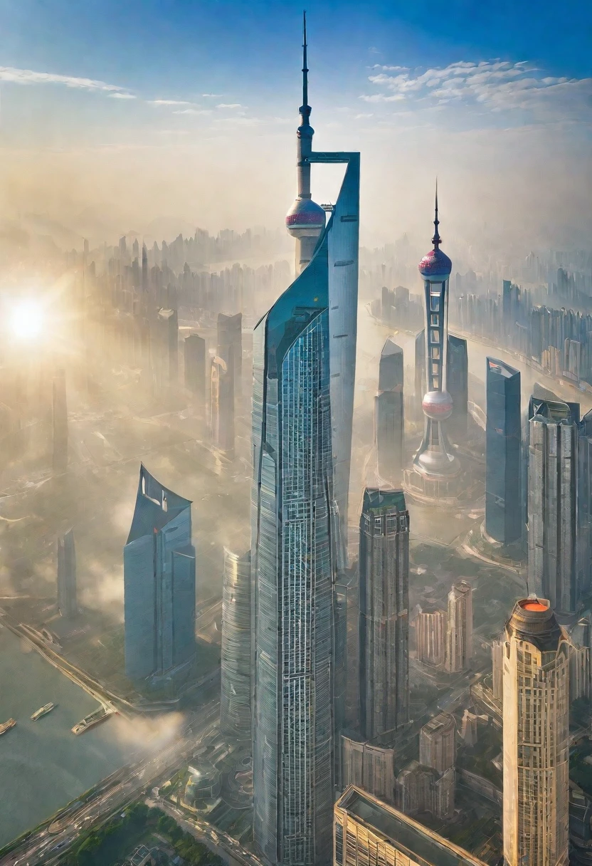 Shanghai, urban landscape, architecture, non-human, blue sky,(sunny day:1.5), sunshine, city, sky, scenery, mountains, clouds, outdoor, skyscraper,Sun, dazzling sunshine，