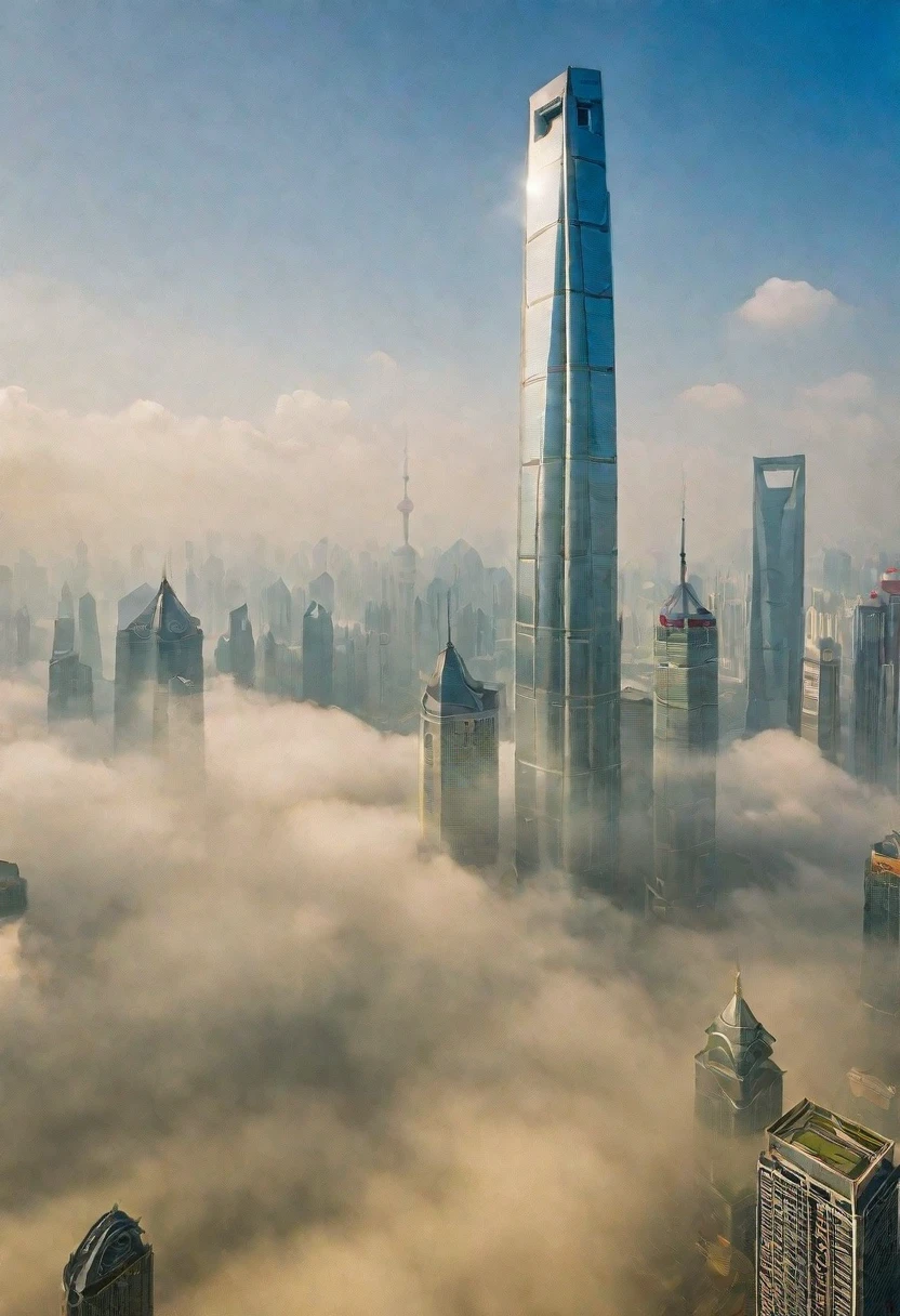 Shanghai, urban landscape, architecture, non-human, blue sky,(sunny day:1.5), sunshine, city, sky, scenery, mountains, clouds, outdoor, skyscraper,Sun, dazzling sunshine，