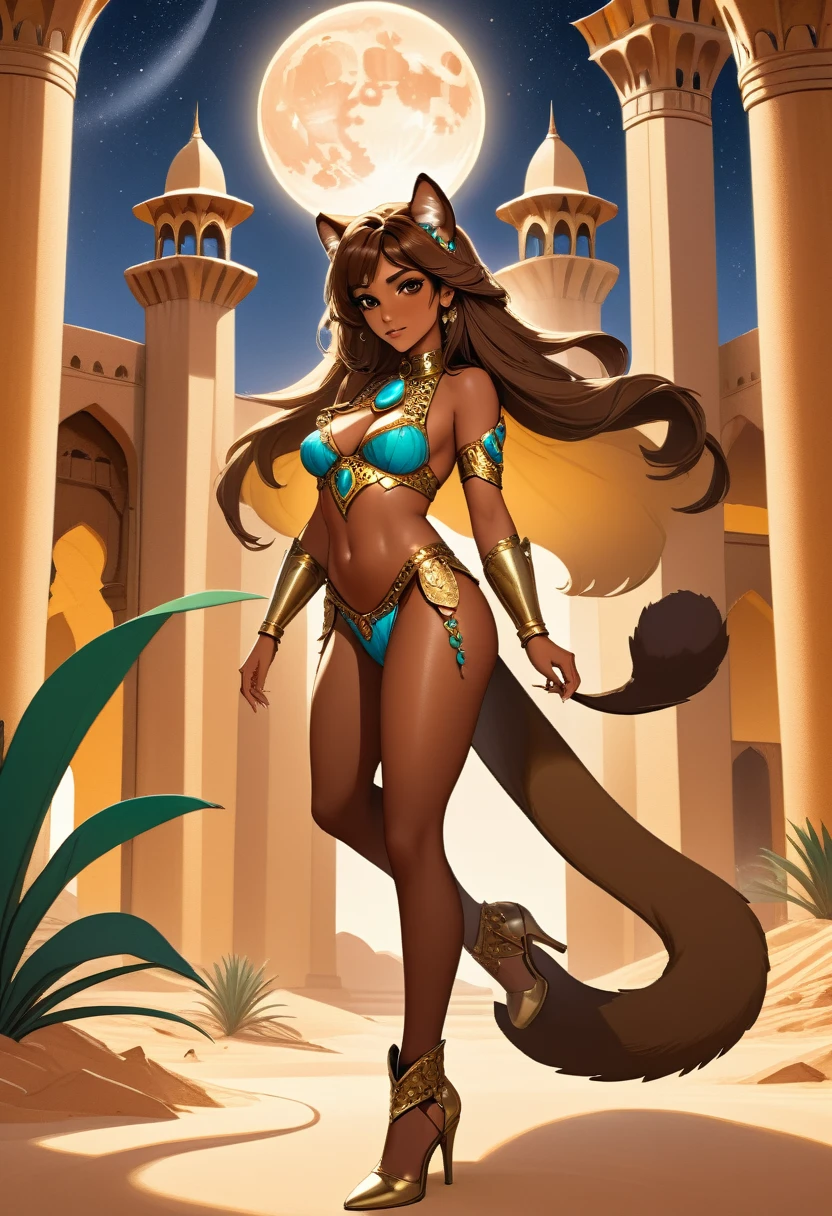 Arafed picture of a desert princess BREAK and her pet cougar in her palace high details, best quality, 16k, f a female human princess and her pet cougar, princess of the desert, full body, ((anatomically correct: 1.5)) standing proudly royalty demeanor, a woman, (best detailed face: 1.5), Ultra Detailed face,. wearing royal desert garbs, decorated with gems, small cleavage, thigh high intricate leather high heeled boot, thick hair, long hair, brown hair, tan skin intense brown eyes, her desert large cougar lying at her feet, guarding her, an epic fantasy desert palace in an oasis in the background (intricate details, Masterpiece, best quality: 1.5) night, moon light, stars  ,Wide-Angle, award winning, best quality, high quality, high details, highres, vibrant, Ultra-high resolution, High Contrast, (masterpiece:1.5), highest quality, Best aesthetics, best details, best quality, highres, ultra wide angle, 16k, [ultra detailed], masterpiece, best quality, chumbasket art style, 