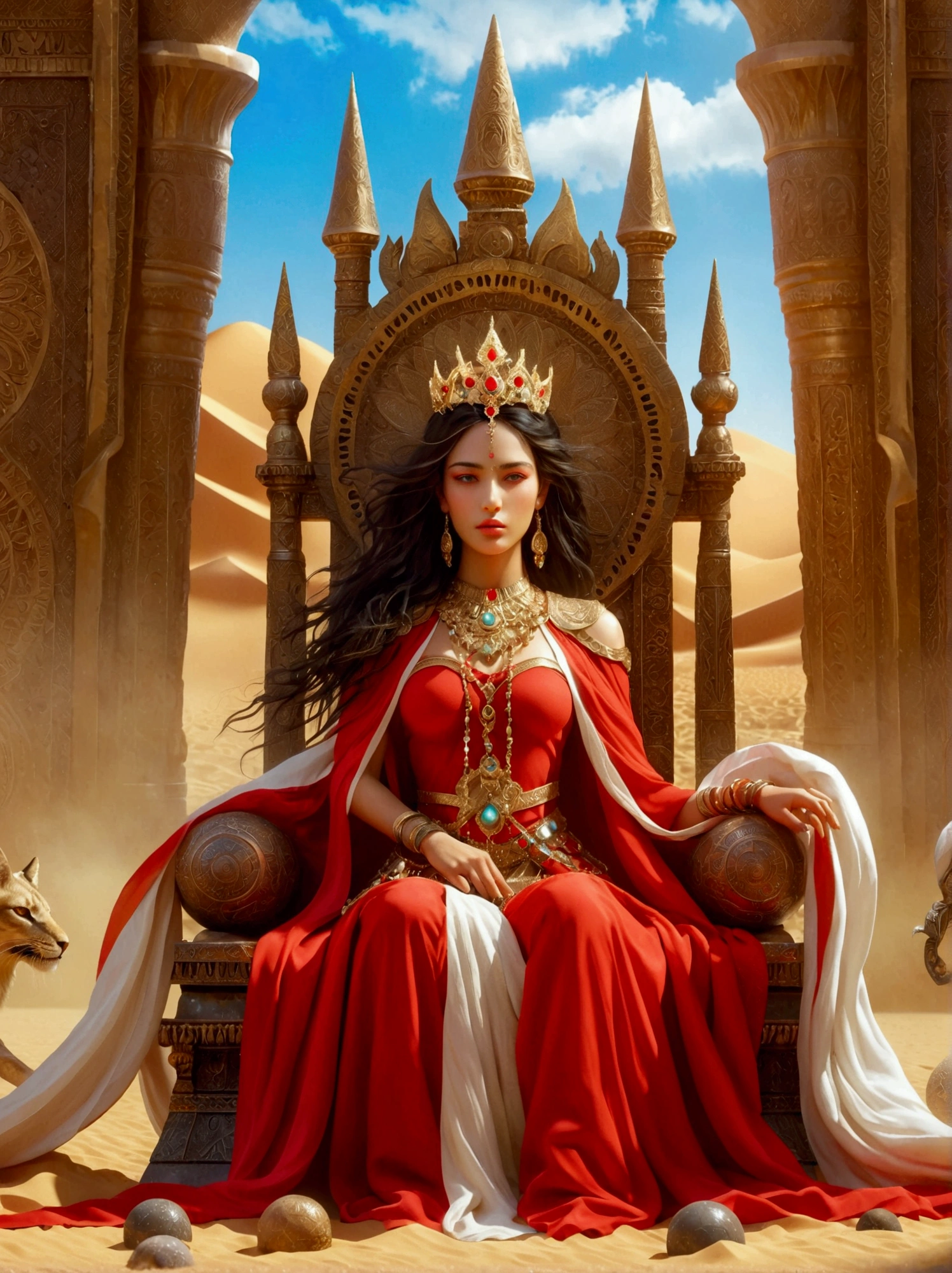 a mysterious desert princess in bright red clothing ruling a dystopian desert kingdom, cold and ruthless, detailed eyes, long eyelashes, beautiful detailed lips, sitting on a massive throne in the grand hall of the desert kingdom, surrounded by her imposing presence, numerous tiny figures kneeling in reverence, viewing her as a divine ruler, intricate throne details, golden ornaments, dusty and arid environment, desert royal hall, dark and ominous atmosphere, sharp focus, physically-based rendering, extreme detail description, professional, vivid colors, dramatic lighting, concept art, Hyperrealism, Conceptual art, first-person view, pov, UHD, masterpiece, accurate, anatomically correct, textured skin, super detail, best quality, 8k