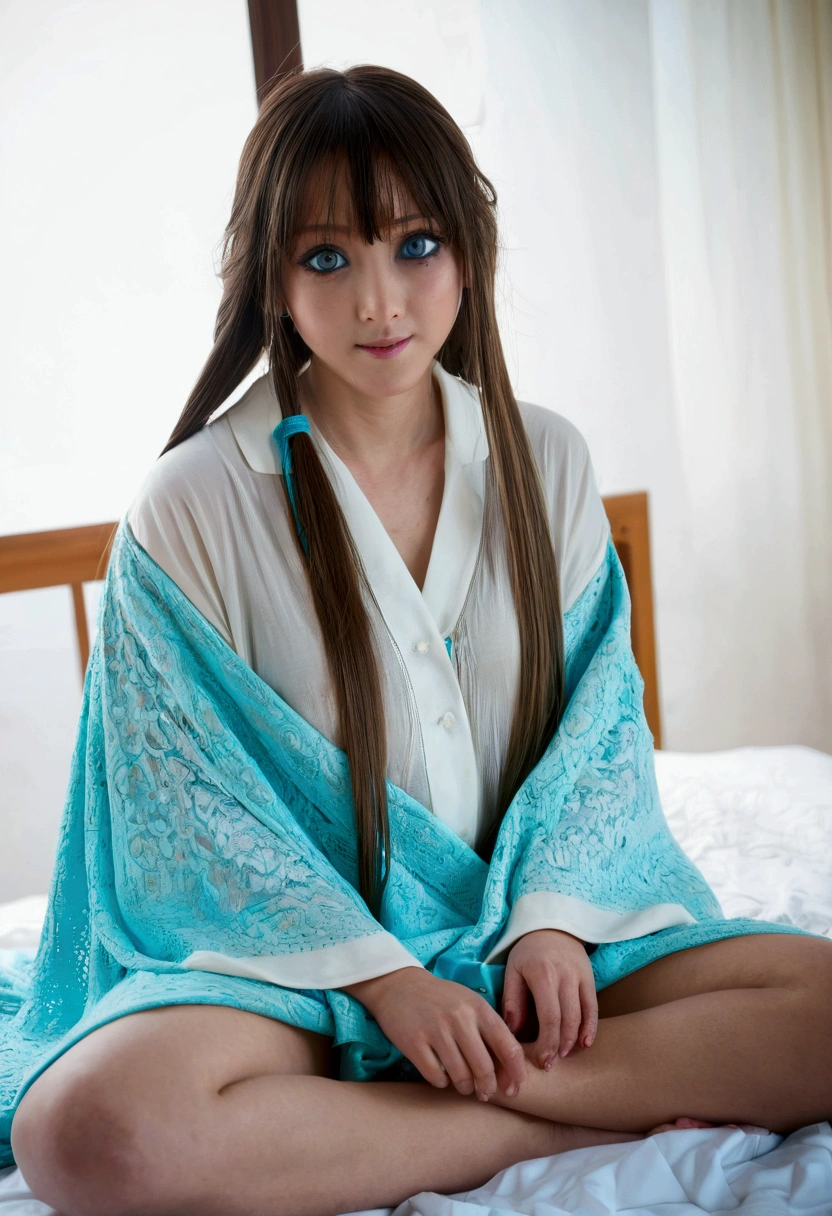 miku nakano, Nakano Miku Ticket III, long hair, bangs, blue eyes, brown hair, hair between eyes, wake up,sleepy,Slightly open big shirt,black string underwear,barefoot,smile,Bedroom,light goes out, covered with a blanket, windows,ロマンチックなmorning日,morning,extreme light,big breast(1.3)
break indoors, Bedroom,
break (masterpiece:1.2), highest quality, High resolution, unity 8k wallpaper, (shape:0.8), (beautiful and detailed eyes:1.6), highly detailed face, perfect lighting, Very detailed CG, (perfect hands, perfect anatomy),