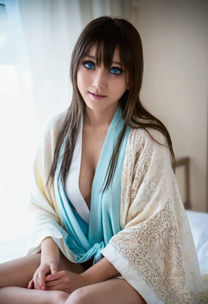 miku nakano, Nakano Miku Ticket III, long hair, bangs, blue eyes, brown hair, hair between eyes, wake up,sleepy,Slightly open big shirt,black string underwear,barefoot,smile，Bedroom，light goes out， covered with a blanket， windows，ロマンチックなmorning日,morning,extreme light,big breast(1.3)
break indoors, Bedroom, 
break (masterpiece:1.2), highest quality, High resolution, unity 8k wallpaper, (shape:0.8), (beautiful and detailed eyes:1.6), highly detailed face, perfect lighting, Very detailed CG, (perfect hands, perfect anatomy),