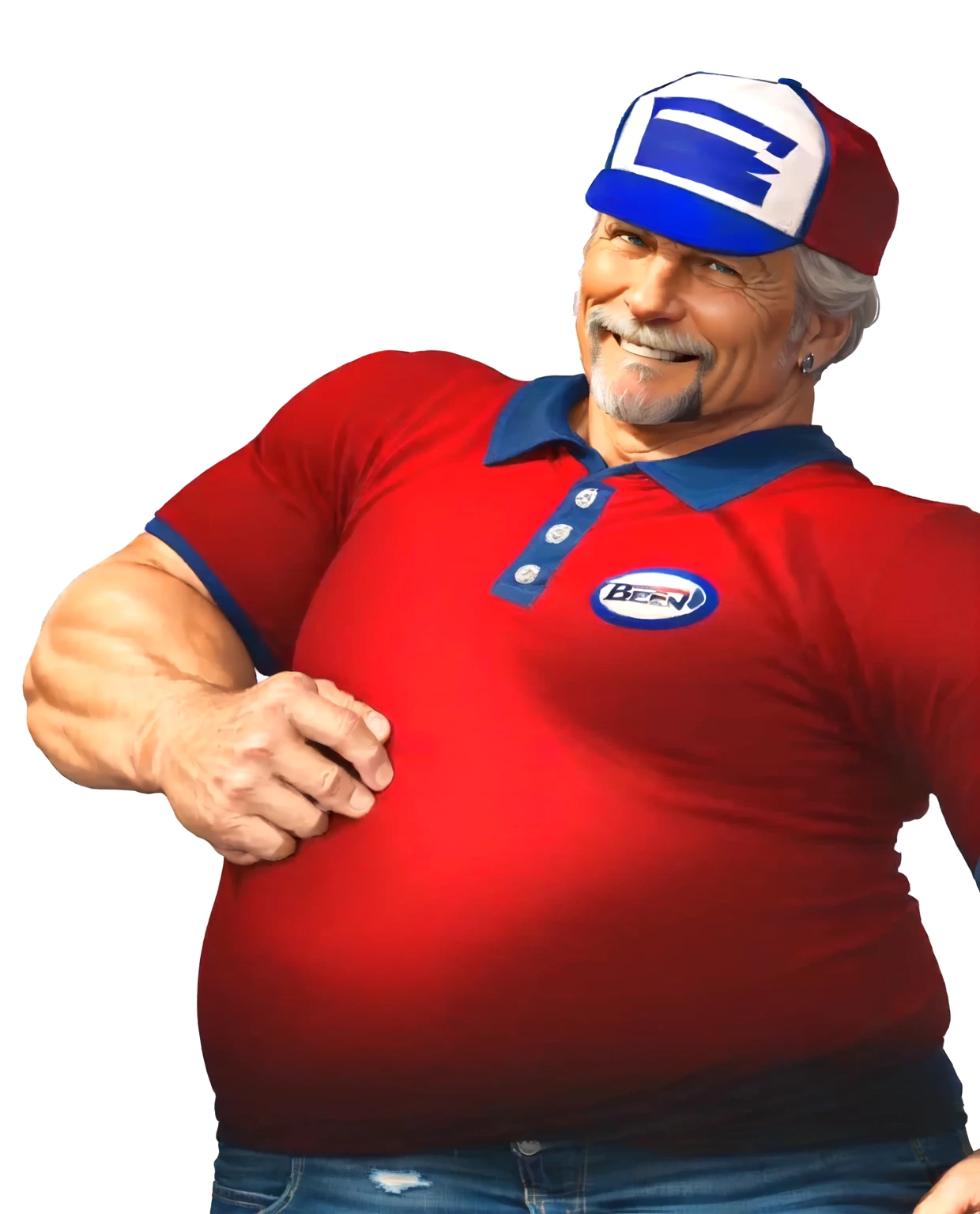 a close up of a man in his 60s wearing a red shirt and blue jeans, as a character in tekken, beefy, realistic textures, jeff bridges with a goatee, best friend smiling at you with encouragement, Out Run 2 flagman, 2 k, 2k, muscular bernie sanders, buff man, character from king of fighters, robust stocky body, hide the pain harold, name of character is flagman, wise face, his cap has a SEGA logo on it, (short GREY hair), smiling with slightly open mouth