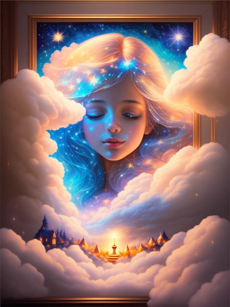 (Best quality,4K,8K,A high resolution,tmasterpiece:1.2),ultra - detailed,(actual,realistically,realisticlying:1.37),Dreamy sky,Sleeping Beauty,Fluffy clouds,As estrelas,light colors hair,Bushy hair,strands,illuminations,fairy tale painting,Amazing artwork,Luminous illumination,Enchanting art,amazing art,inspiring art,magnificent work of art,beautiful light up