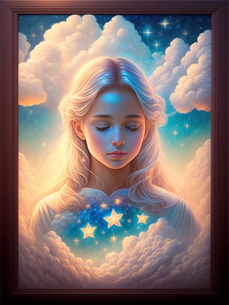 (Best quality,4K,8K,A high resolution,tmasterpiece:1.2),ultra - detailed,(actual,realistically,realisticlying:1.37),Dreamy sky,Sleeping Beauty,Fluffy clouds,As estrelas,light colors hair,Bushy hair,strands,illuminations,fairy tale painting,Amazing artwork,Luminous illumination,Enchanting art,amazing art,inspiring art,magnificent work of art,beautiful light up