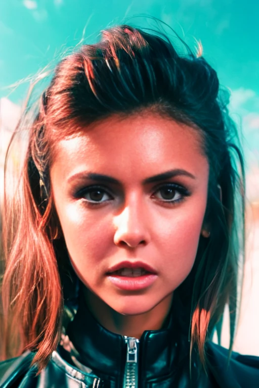 1 girl.Nina Dobrev. Black leather jacket. cutout. Sweating. Sub. Wet. orgasm on face. open mouth. looking at the camera. cloudy sky. looking down. low angle. At chest height. ((bottom view))