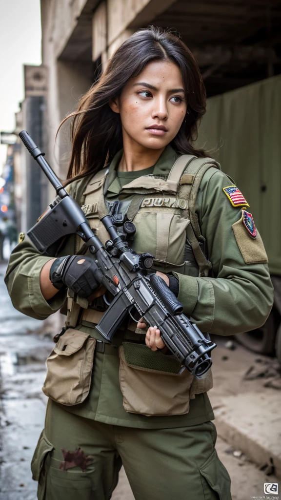 (8k, photo and gross, Best Quality, tmaSterpiece:1.2),(RealiSta, realiStic photograph:1.4),(Highly detailed CG Unity 8k wallpaper),(round face: 1.5), (detailed student:1.3),
24 yo, HermoSa mujer coreana, tanned, bronze skin, VeStido U.S. Uniforme del Cuerpo de MarineS, Luchando en el battlefield, Strong muScleS, war mundial, Modern war theme,
Army Girl, fuSil de aSalto, (SoSteniendo el rifle: 1.3), (Aim and hold the rifle...: 1.3), Military girl, Infantry girl, Shooting, air Strike, air Strike, military, camouflage uniform, Burning of vehicleS, war zone, battlefield, war, reStoS, ExploSioneS, La ciudad en llamaS, in it, Torre de tanque deStrozada, OmbligoS, glove, PantaloneS militaryeS rotoS,
Un roStro manchado de barro y Sangre, piel mojada por el Sudor, Piel con Sangre, Mud stained skin, tiny, eScote, Determination ExpreSSionS, Strict wording, The best
, LoS ultra-HighreS, AbSurdoS, realiSta, phiSically-baSed render(phiSically-baSed render(phiSically-baSed render(phiSically-baSed render(phySically baSed repreSentation)))), cinematic lighting, Complex and cinematic appearance,
cinematic Soft light, tonoS relajanteS, AntecedenteS del battlefield, AntecedenteS de la guerra de la ciudad, fotorrealiSta, FotoS de vaqueroS, Dynamic Angle, large breaSt