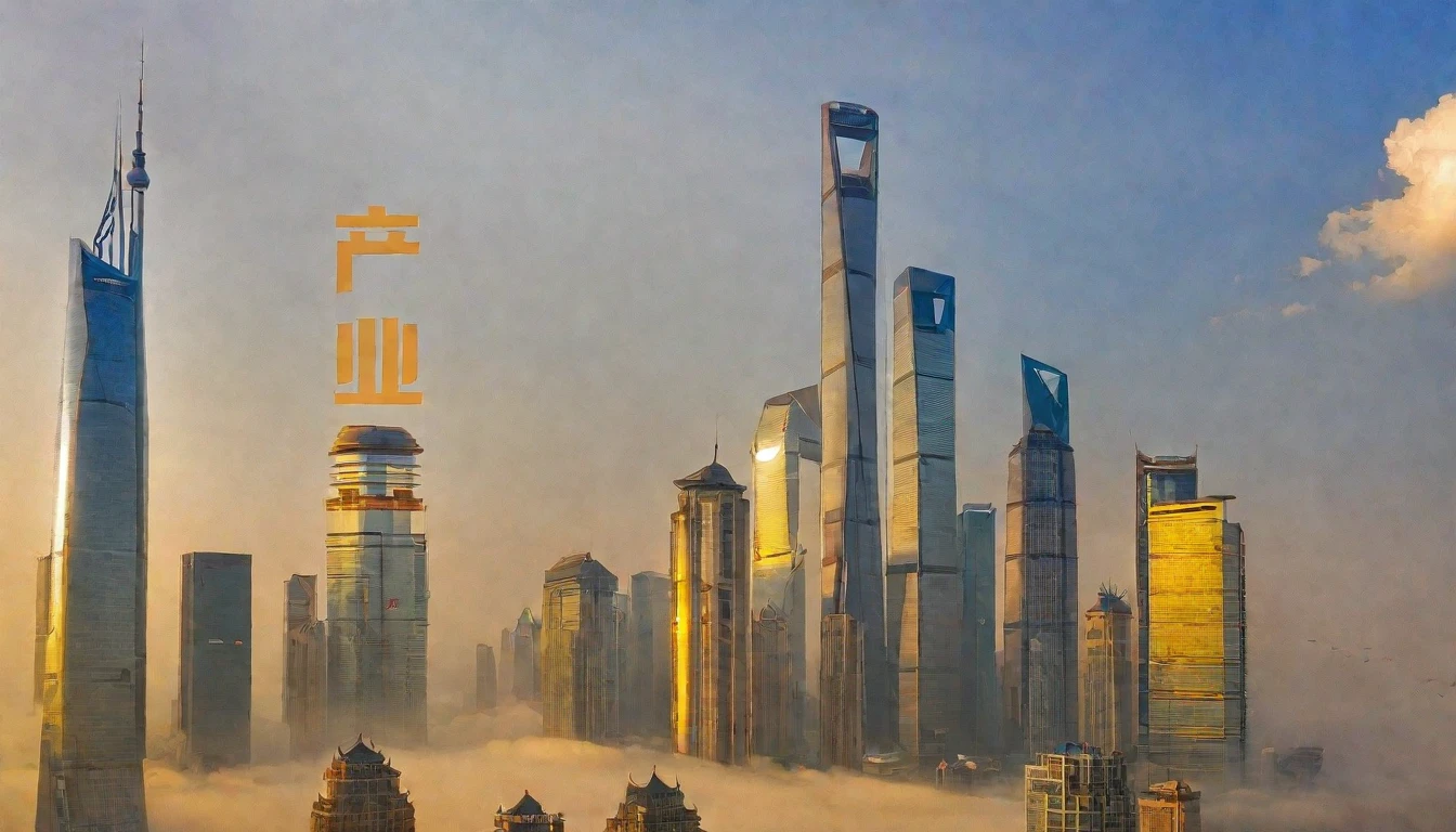 Shanghai, urban landscape, architecture, non-human, blue sky,(sunny day:1.5), sunshine, city, sky, scenery, mountains, clouds, outdoor, skyscraper,Sun, dazzling sunshine,