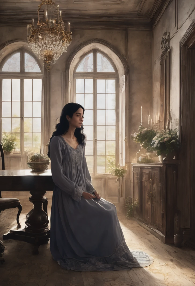 The place is in a castle, specifically in the dining room on the floor a young woman with wavy black hair who is wearing a nightgown, she cried while an elderly woman hugged her 
