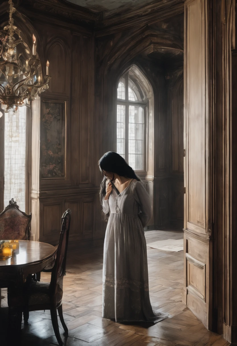 The place is in a castle, specifically in the dining room on the floor a young woman with wavy black hair who is wearing a nightgown, she cried while an elderly woman hugged her