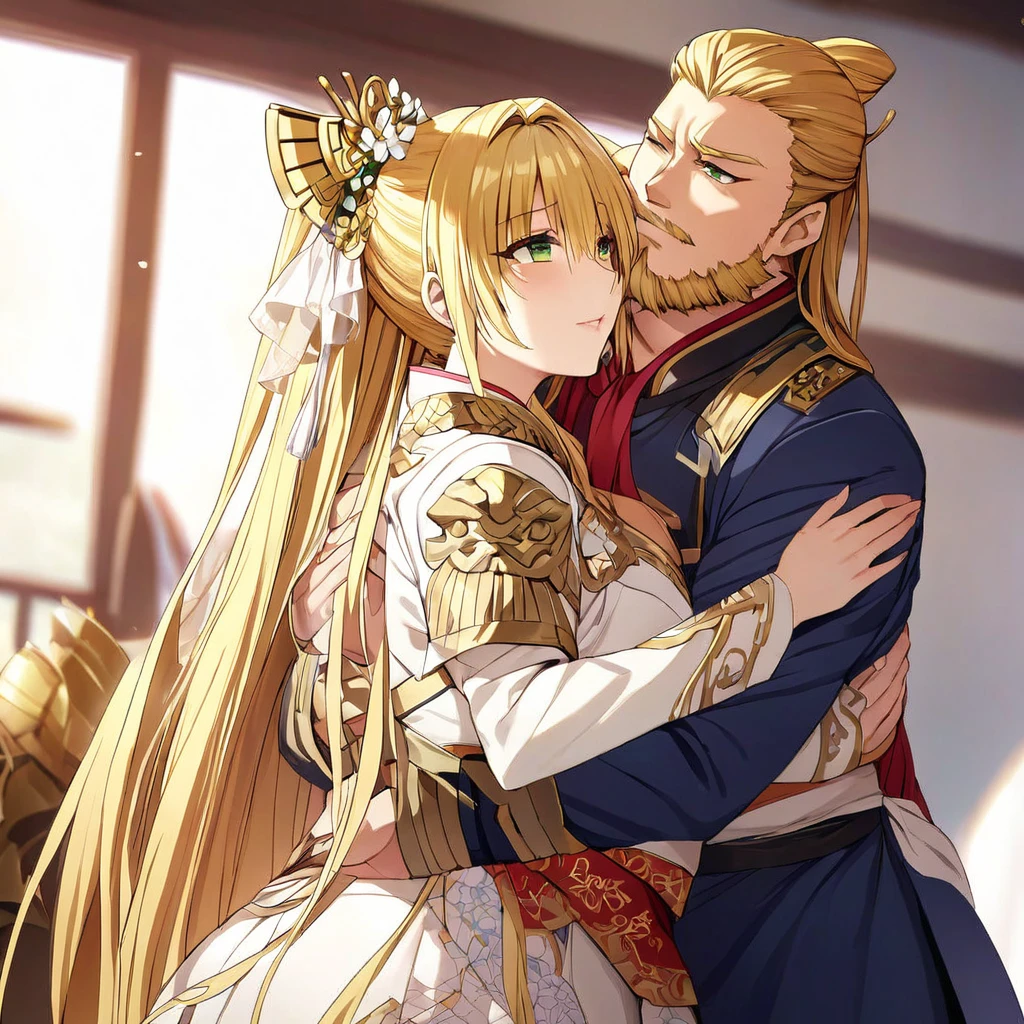 ((Highest quality)), ((masterpiece)), (detailed), （Perfect Face）、The woman is Tiare, with green eyes and medium-long blonde hair.、The woman is a beautiful ancient Chinese military commander who was chosen by the emperor and is now a bride at her wedding.、The woman is being held in the arms of the emperor and is happily kissing him as a promise.、The emperor is a man, middle-aged and dignified with a beard.
