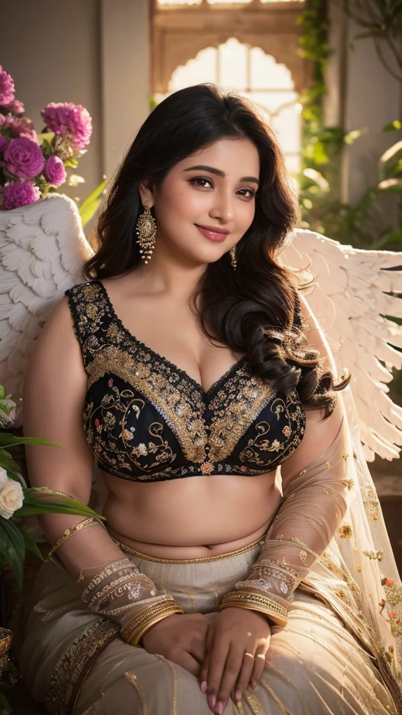 ravishing sexy curvy chubby tall Plus size bbw supermodel Indian 40 years old fat Marriage Woman as elegant bride, in a flower garden venue, wearing ethereal black lehenga and blouse, navel, with embroidered angel wings, lavish flower decorations, intricate henna tattoos,, (ravishing long wavy backlit hair), (enchanting daylight:1.2), (intricate kohl lined eyes:1.3), (adorable smile:1.3) soft dramatic lighting, flower everywhere, backlit, light rays, highly detailed, trending on artstation, paint splashes, rich colour, fantasy portrait, by atey ghailan & Annie Leibovitz