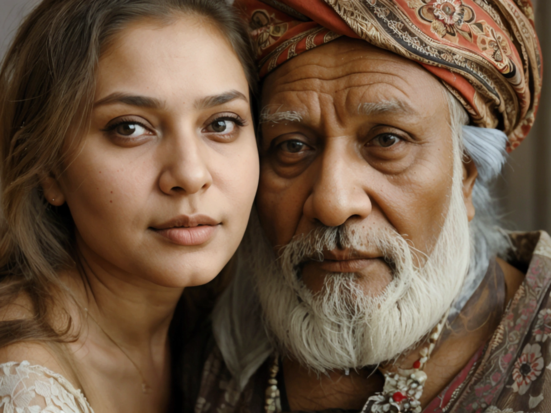 beautiful busty russian girl next to an old ugly indian man, two people in the picture